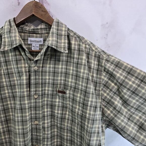 Carhartt Shirt Mens Large Short Sleeve Button Up Plaid Green Collared - Picture 12 of 13